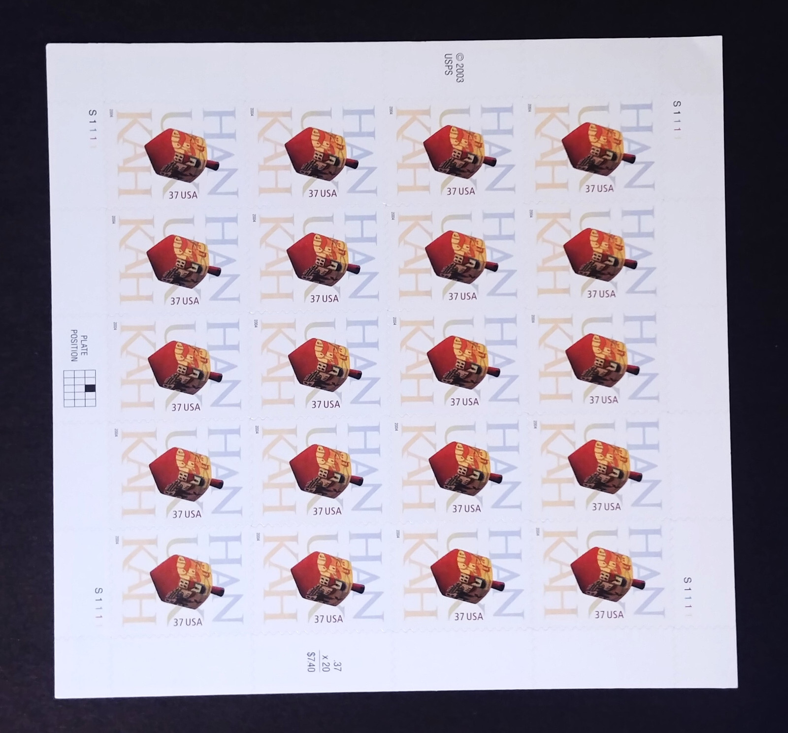 37 cent 2004 Hanukkah Dreidel stamps sheet of 20 self adhesive USPS