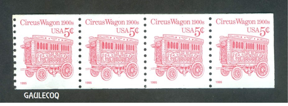 USA POSTAGE – CIRCUS WAGON 1900s – LINE OF 4 x 5 CENTS RED STAMP – 1995