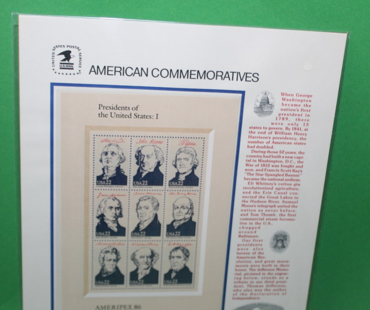 American Commemoratives Presidents US I USPS Stamps Show Panel 263 May 22 1986