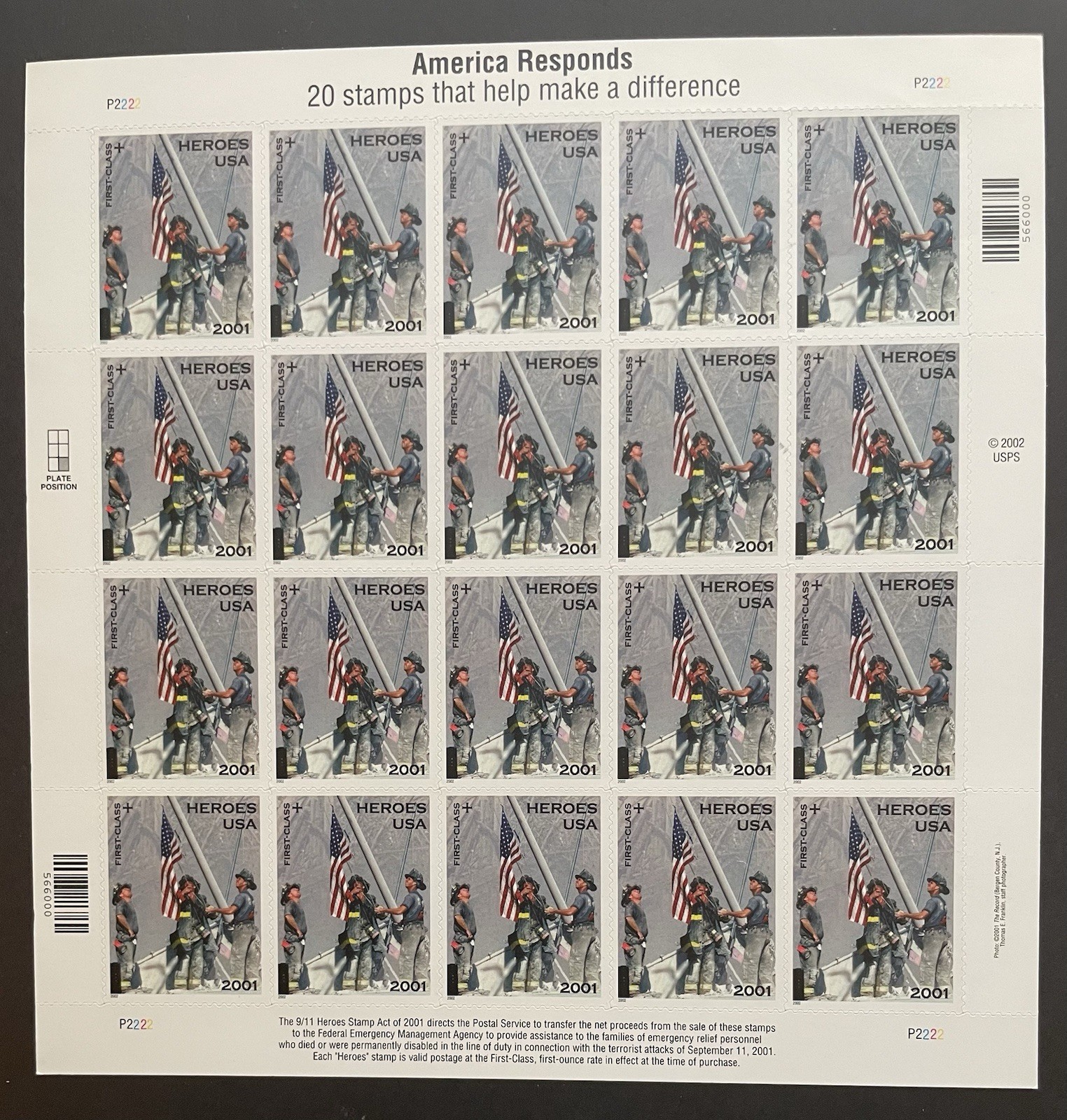 USA 34 Cent Heroes September 11, 2001 9/11 Postage Stamps, Full Sheet of 20