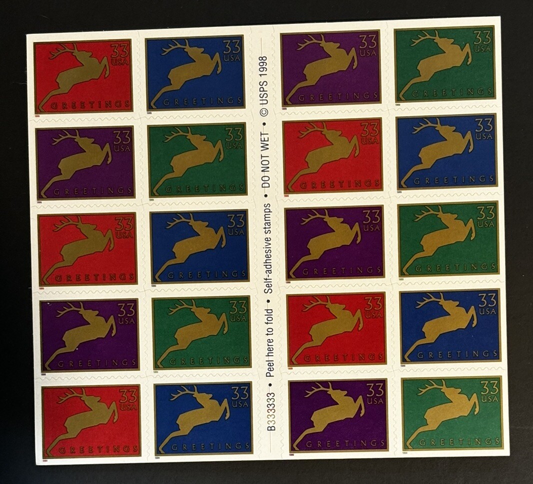 Vintage Christmas Deer .33 cent Greetings “Gold Reindeer” pane 20 US Stamps 1999