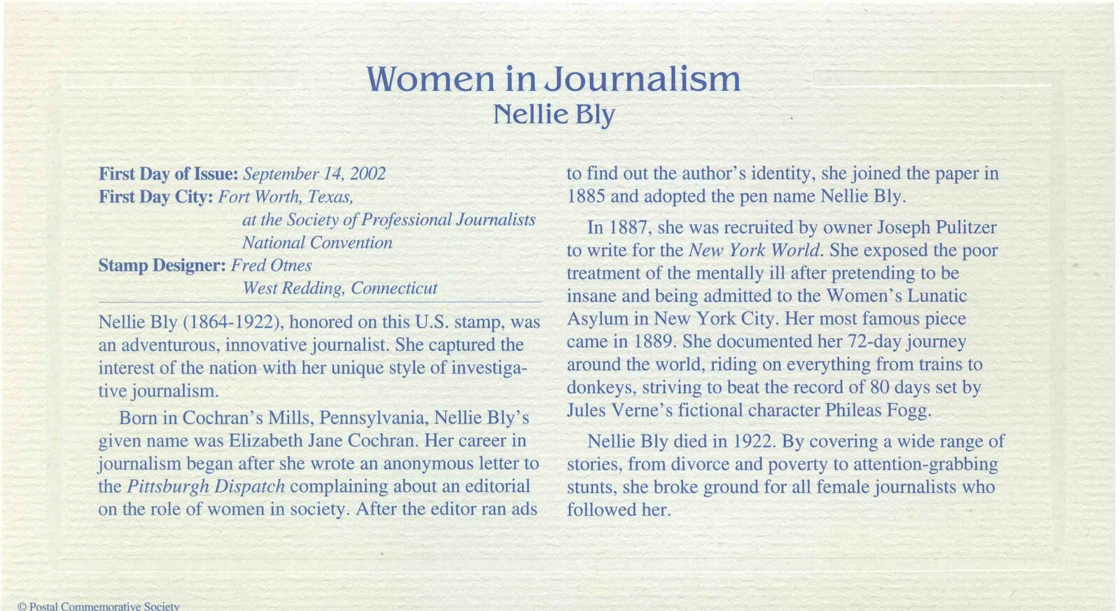 First Day Of Issue Sep 14 2002 Fort Worth TX 22kt Gold Replica Nellie Bly