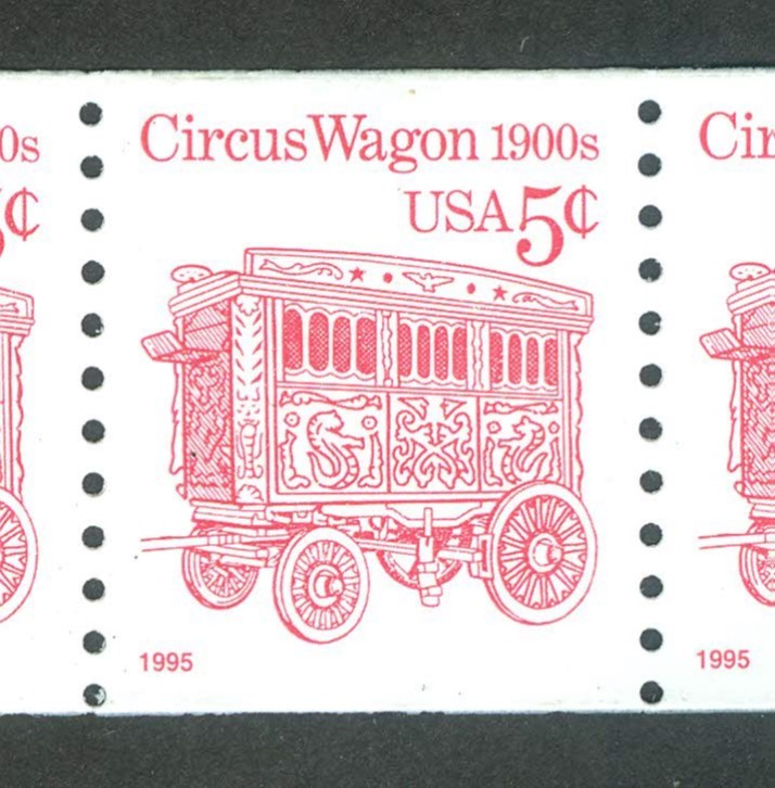 USA POSTAGE – CIRCUS WAGON 1900s – LINE OF 4 x 5 CENTS RED STAMP – 1995