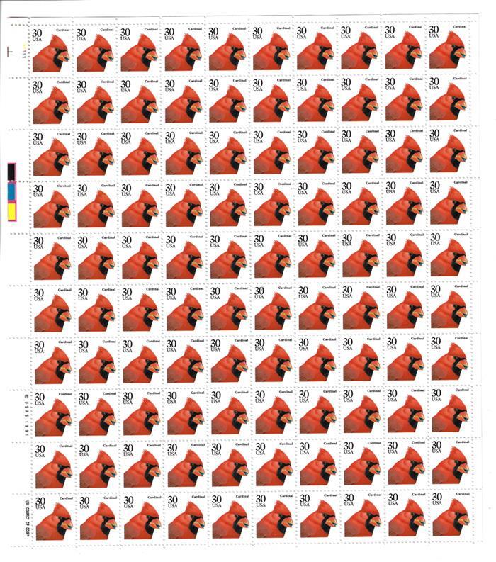 US SCOTT 2480 PANE OF 100 CARDINALS 30 CENTS FACE MNH