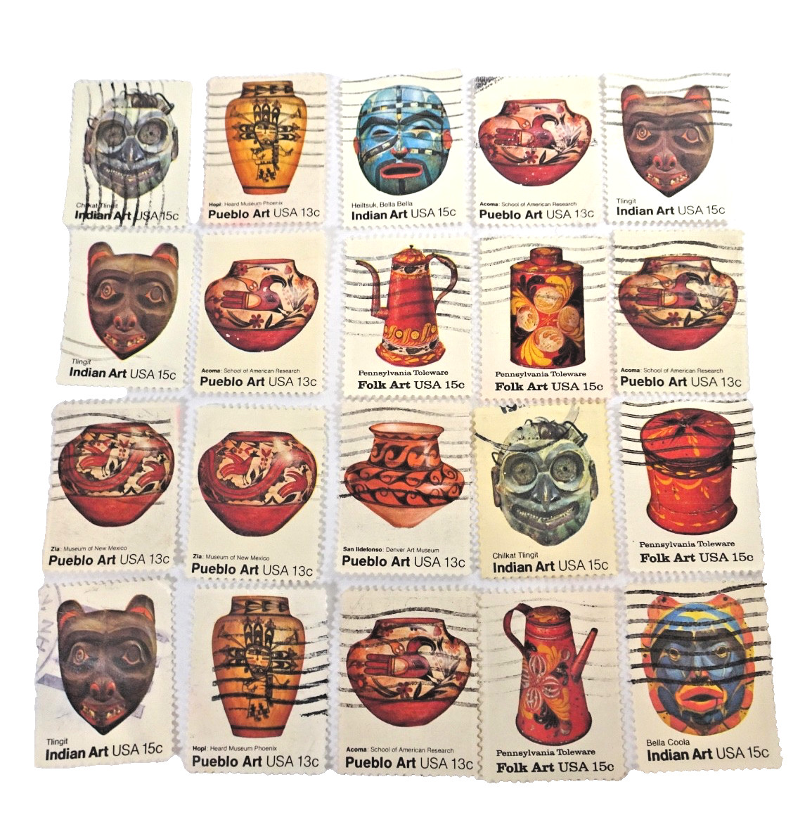 20 Cancelled US Postage Stamps ART Pueblo Indian Folk Art Paper Crafts