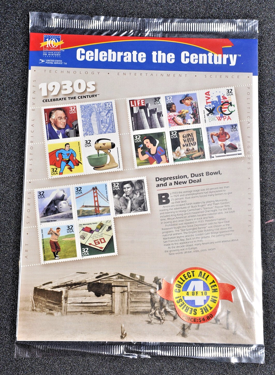 New, Celebrate the Century 1900-1990 Complete 10 US Sheet Set, Face value $48.90