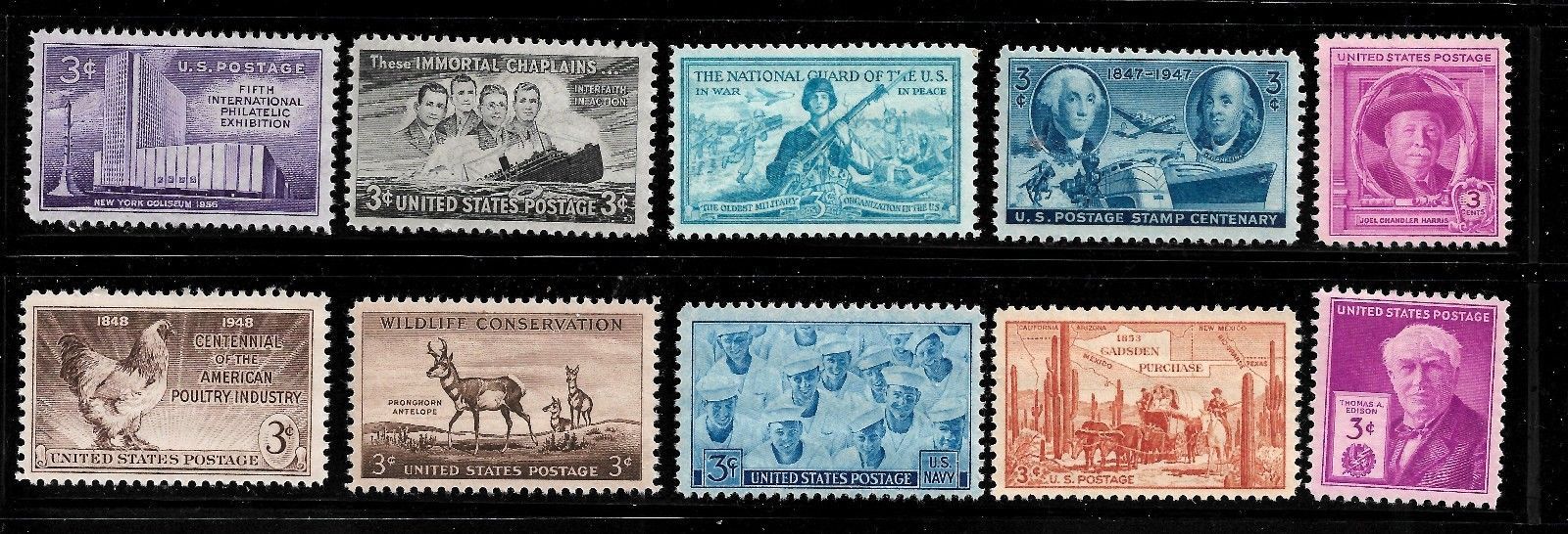 SET OF 37 BEAUTIFUL ASSORTMENT OF THTRE CENT STAMPS – UNUSED – OG – MNH