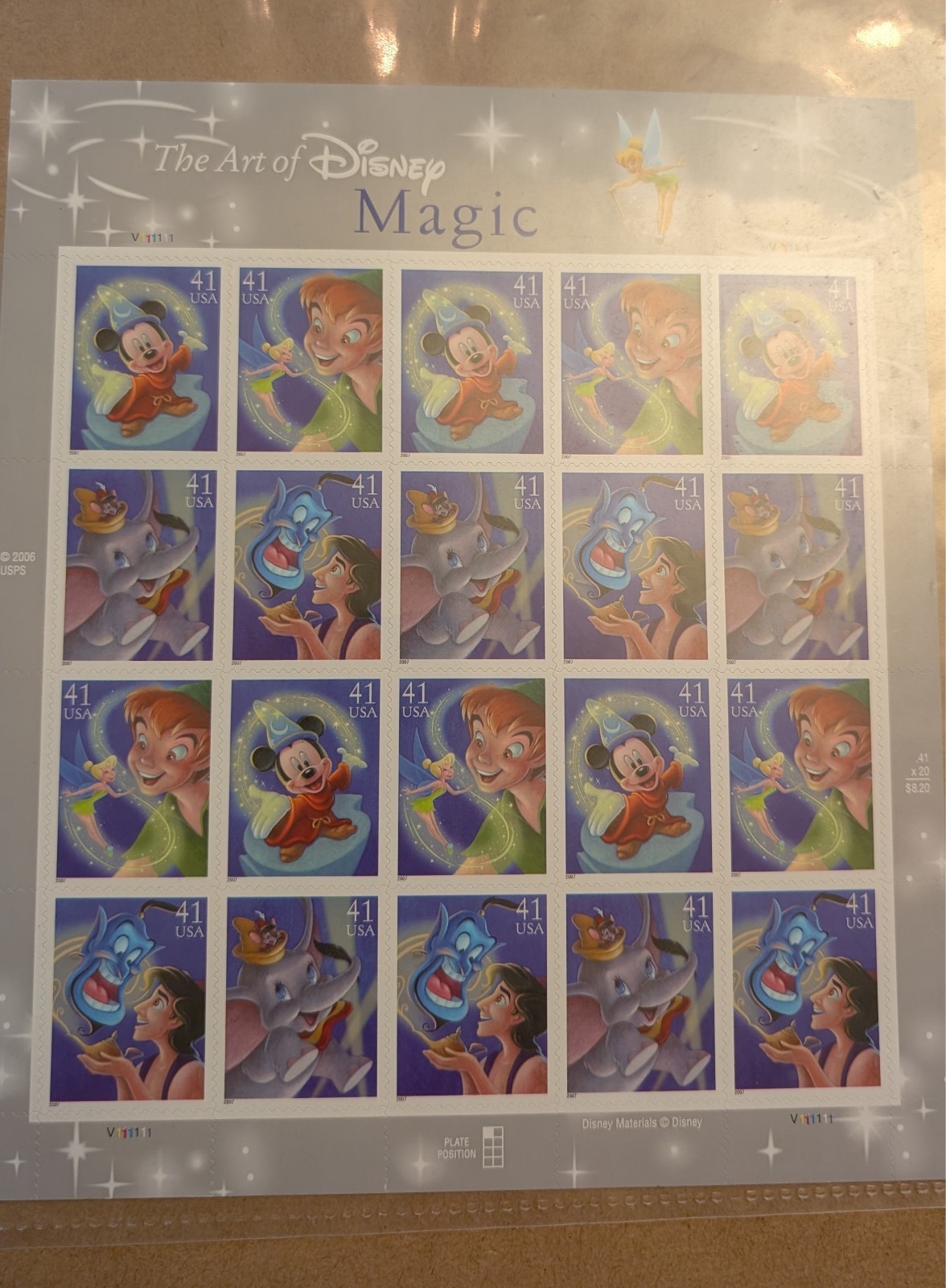 Art of Disney Magic Sheet of 20 – USPS 41 cent Stamps – Scott #4192-95