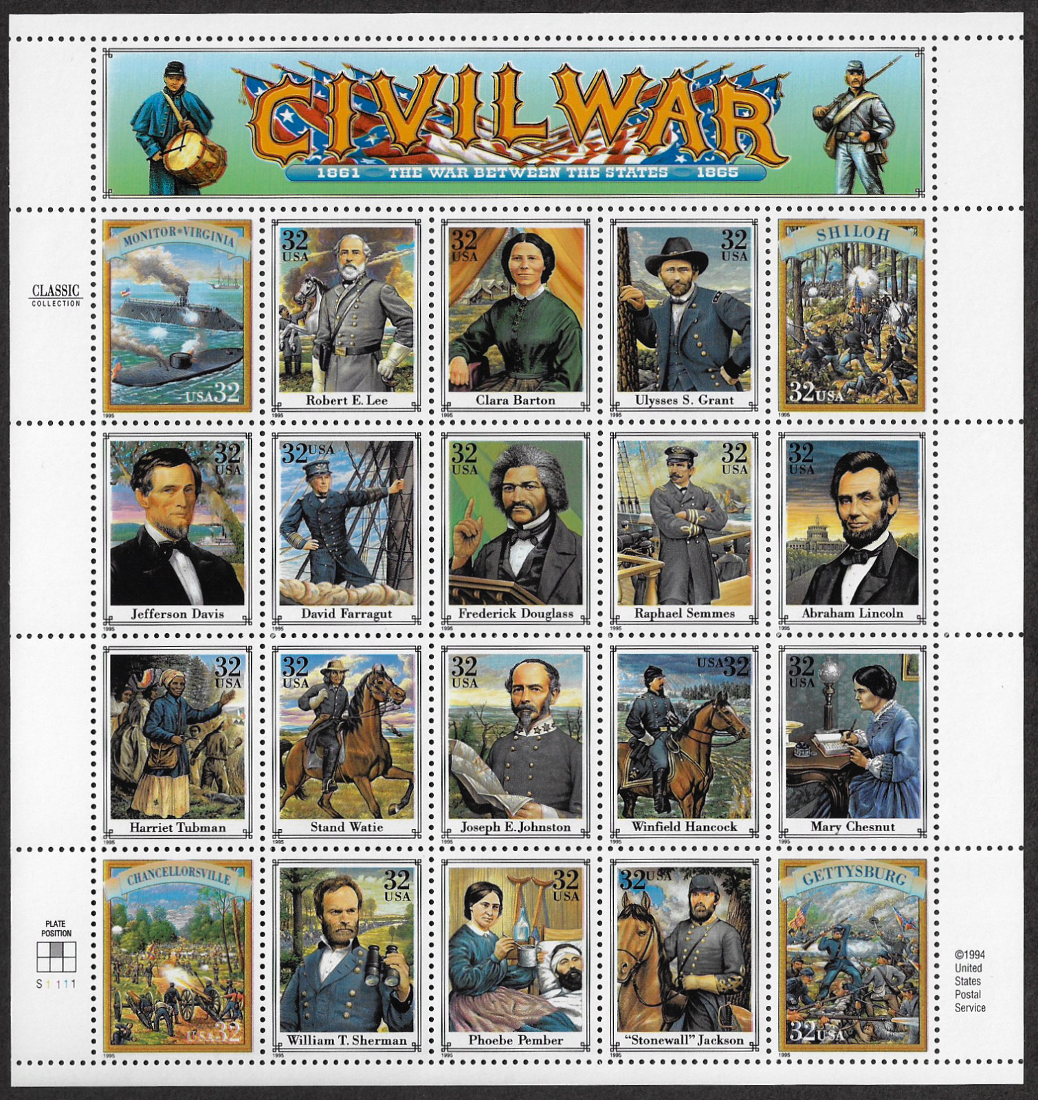 US Stamps, Full Pane of 20, Civil War, #2975, MNH