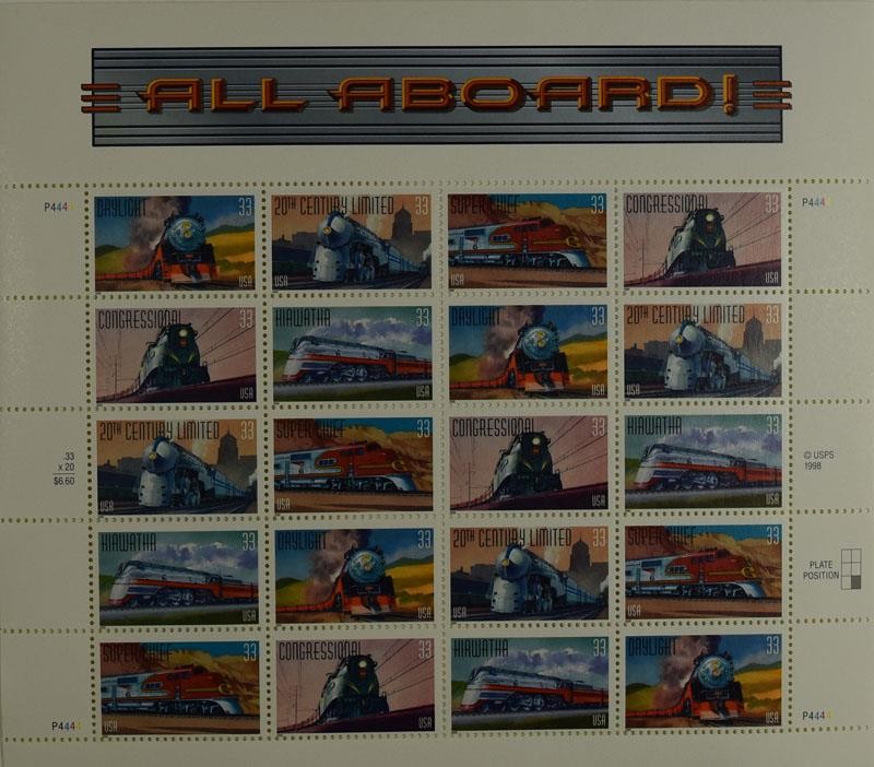US SCOTT 3333 – 3337 PANE OF 20 ALL ABOARD 33 CENTS FACE MNH