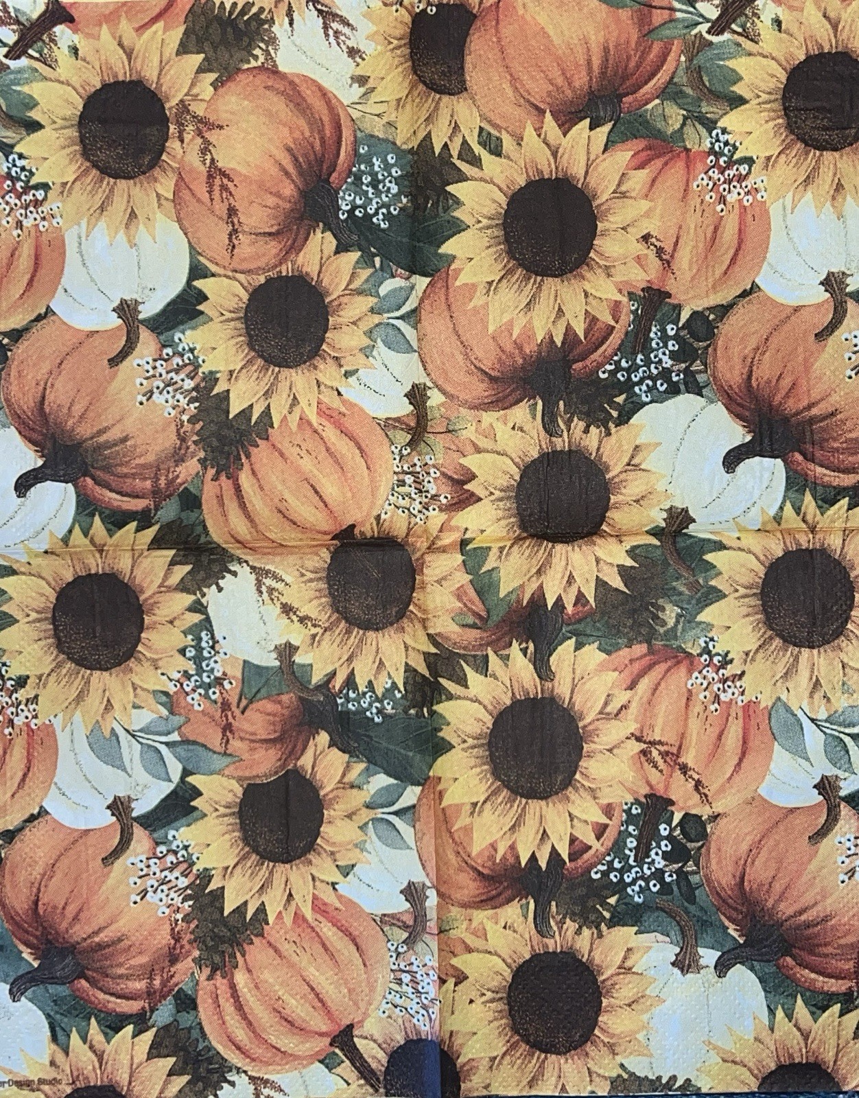 TWO Paper Beverage Decoupage Napkins – Fall Pumpkins Halloween 5×5” Sunflowers