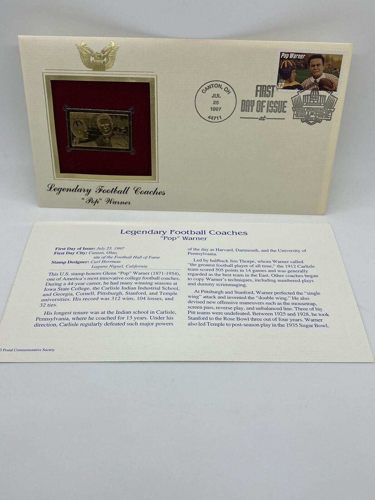 Pop Warner Legendary Football Coaches 22K Gold Plated Stamp set First Day of Iss