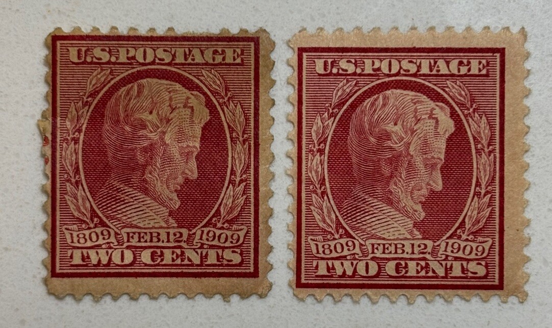 US STAMP: #369 & 367 – 1909 LINCOLN – 2 Cent – Carmine – Blue Grey Paper – MH