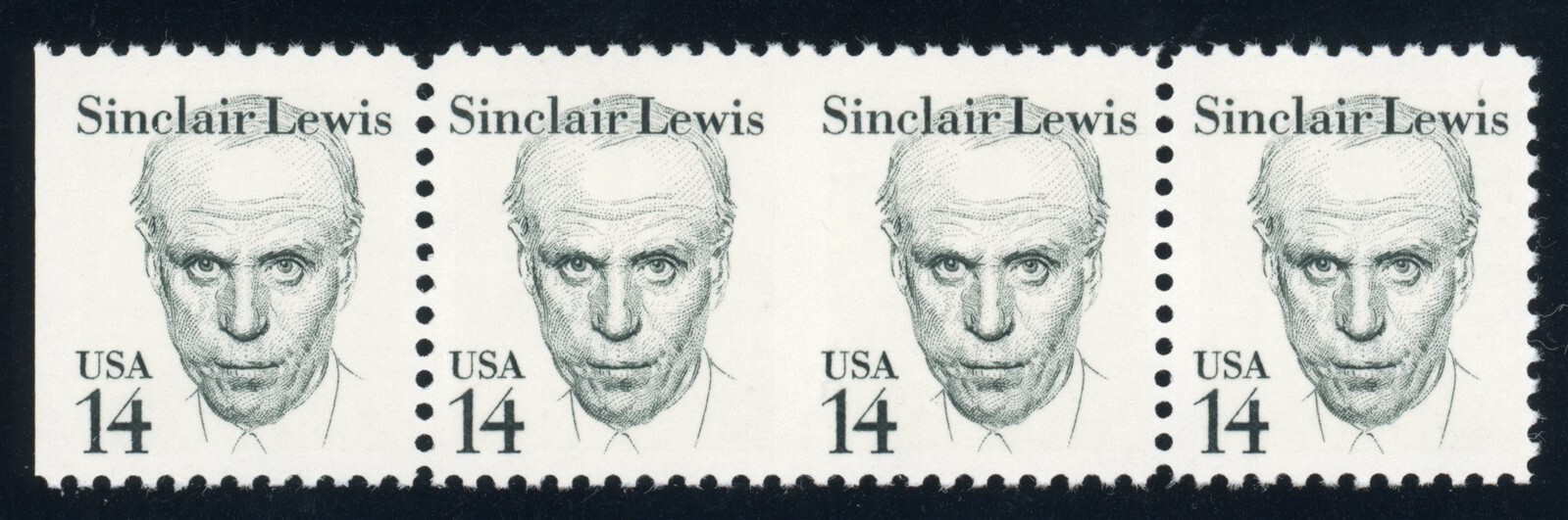 US Stamp #1856c – Sinclair Lewis 14c – Strip of 4 Imperf Between – MNH