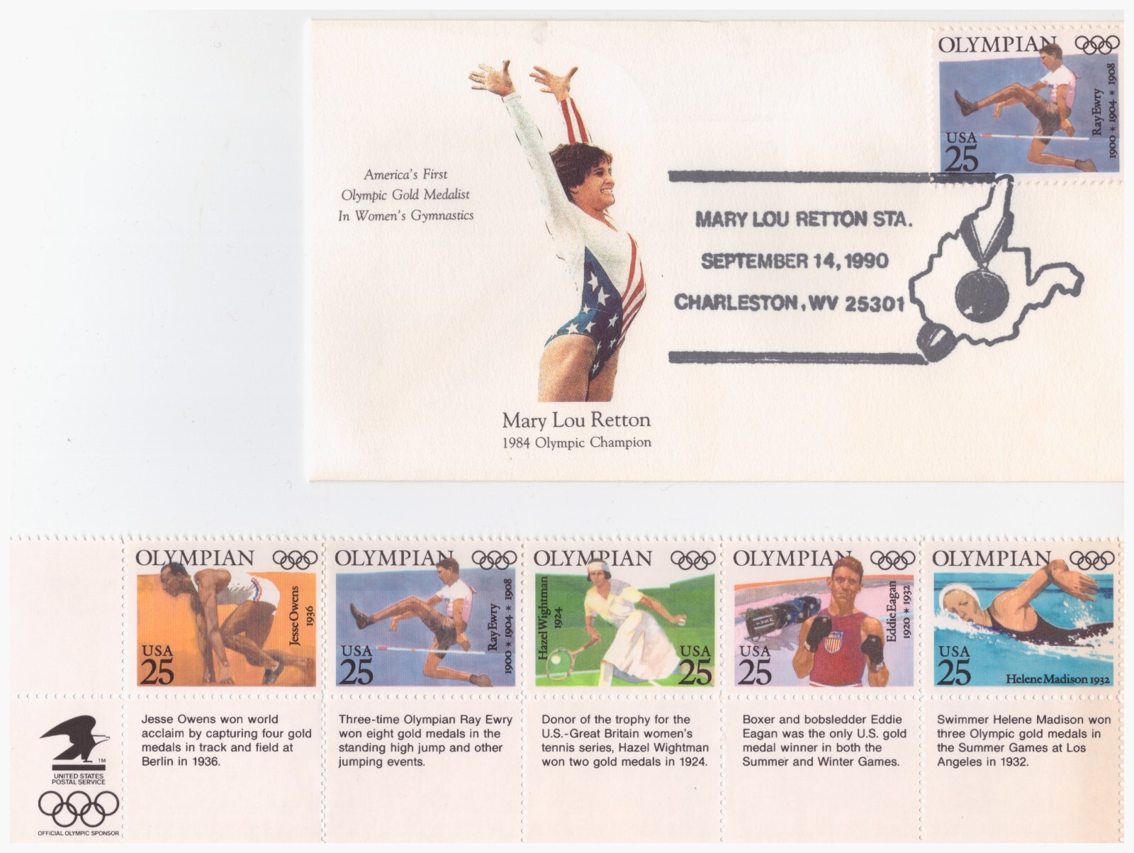 4-US SCOTT 2496 – 2500 OLYMPIAN STAMPS 25 CENT/MARY LOU RETTON SPECIAL Envelope