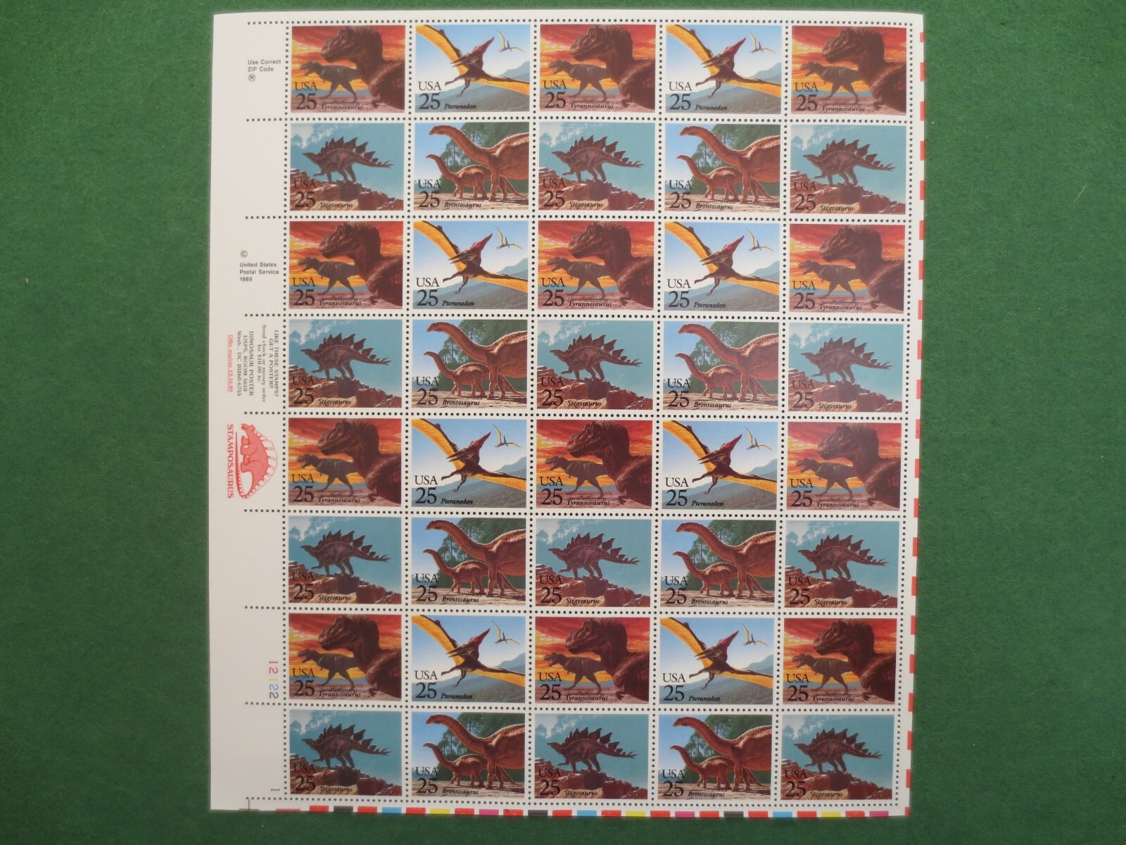 DOC Scott #2422-25 Prehistoric Animals 25¢ 1989 Sheet of 40 MNH XF