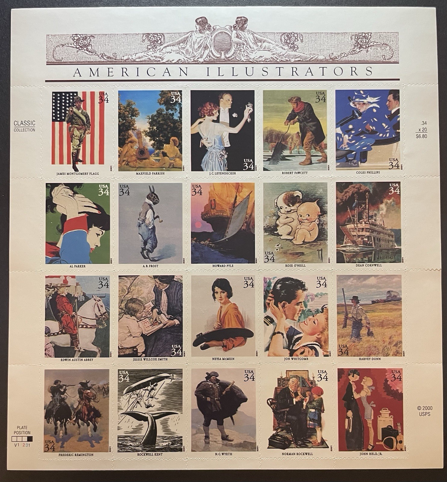 USA 34 Cent AMERICAN ILLUSTRATORS Postage Stamps, Full Sheet of 20