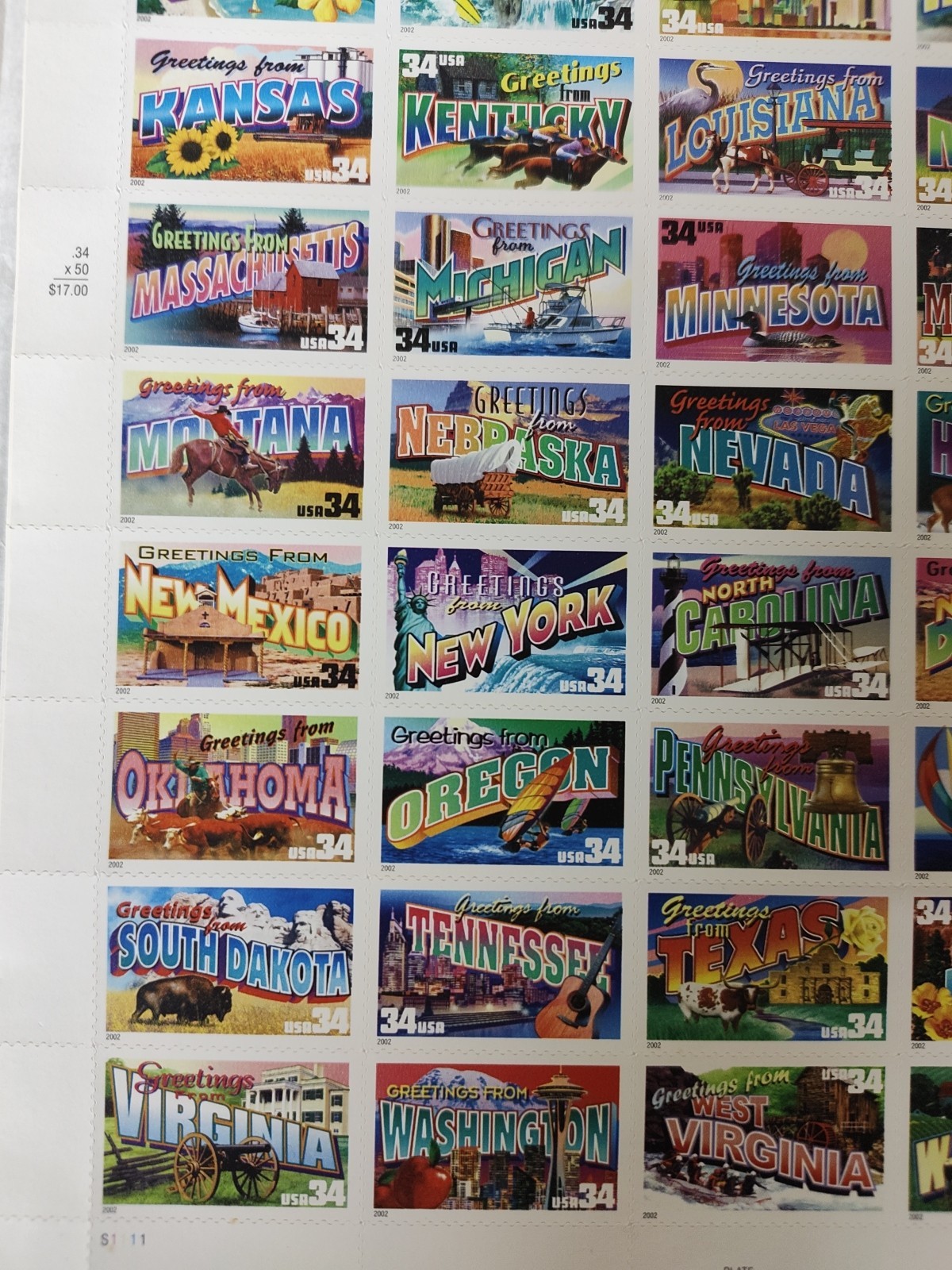 US Postage Stamps Greetings From America 34 Cent Sheet of 50 Collectible Wel