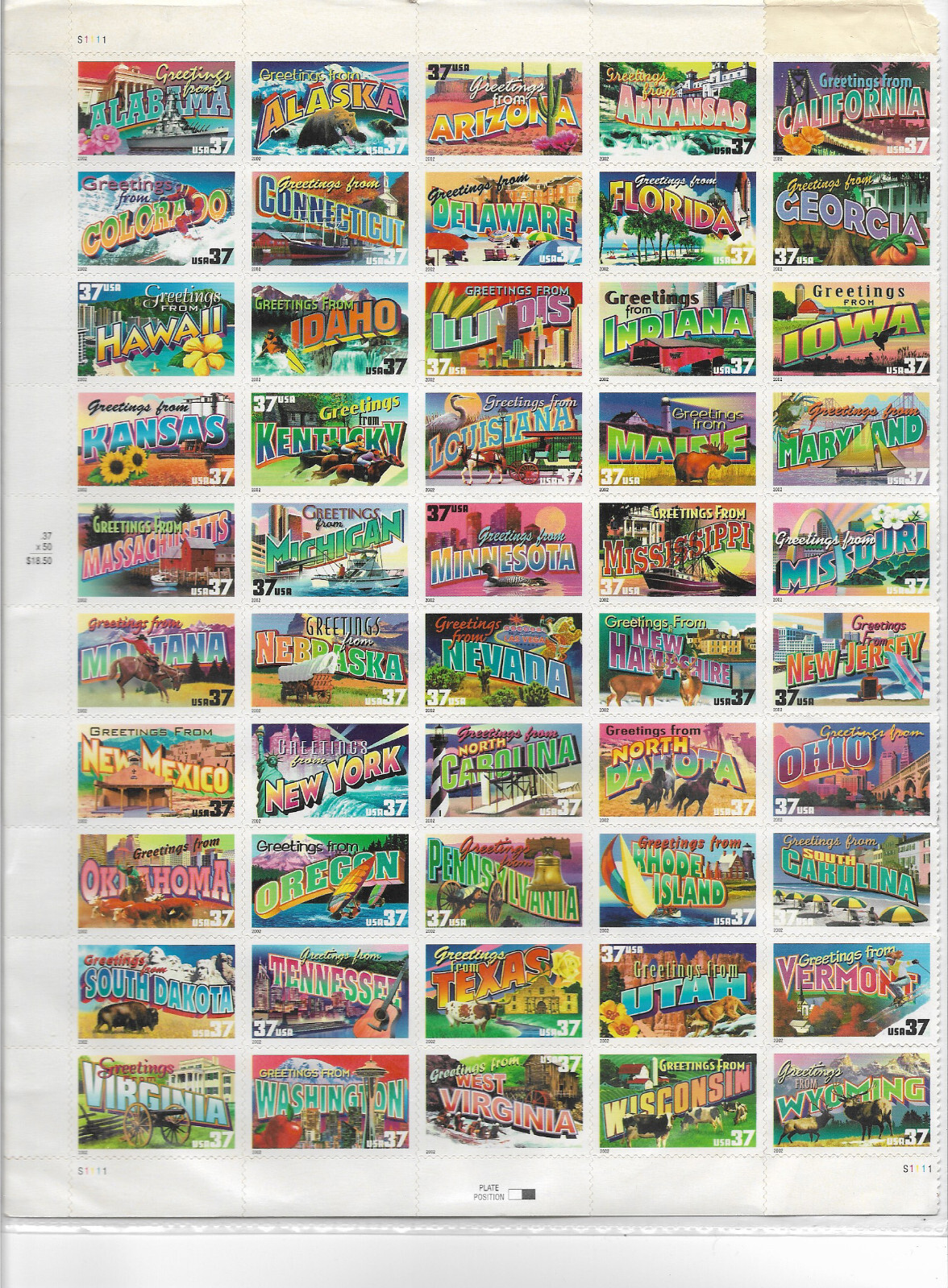 Greetings From – Full 50 Stamp Sheet – 37 Cents – 50 Stamp Group