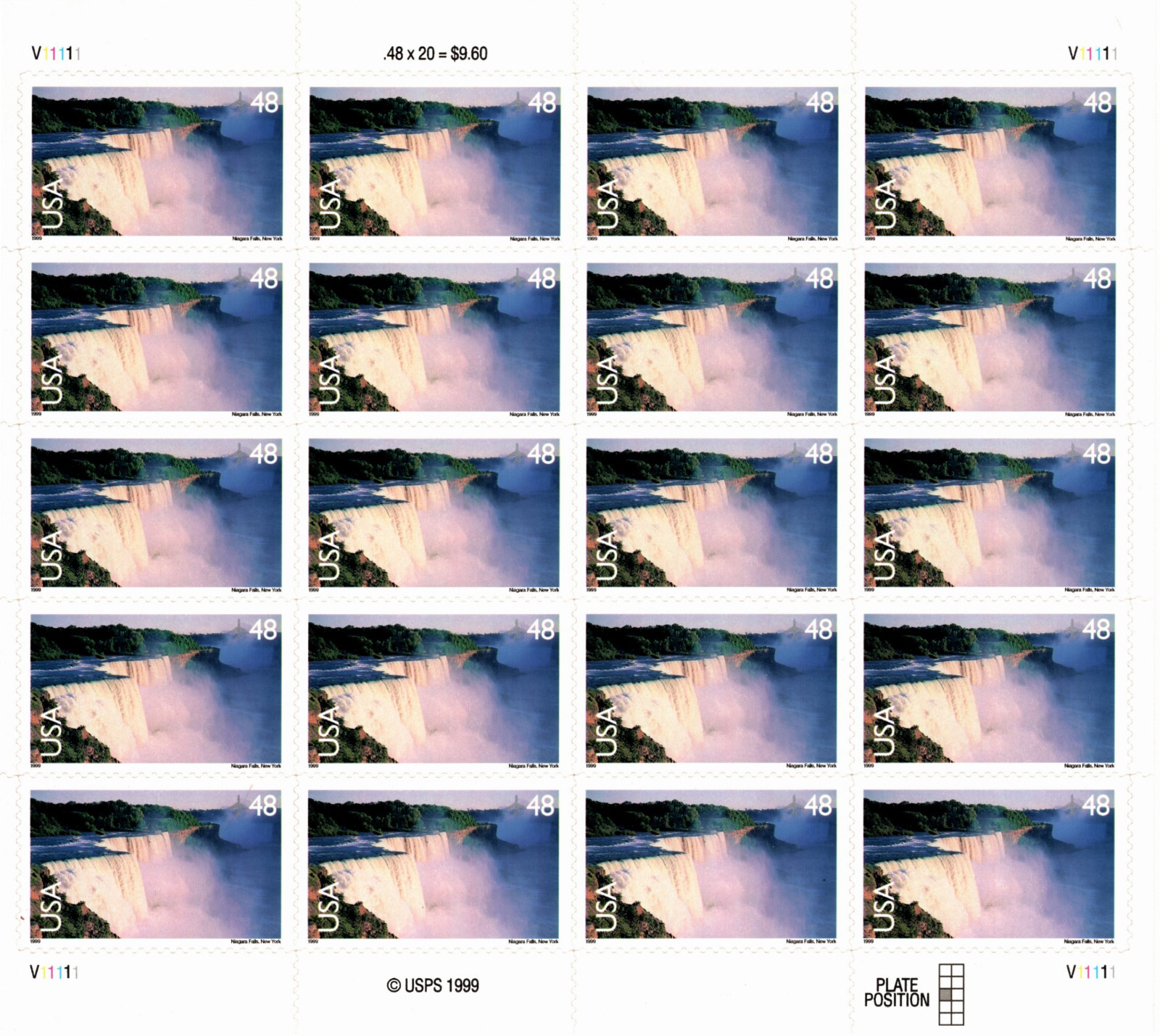 USA 1999 NIAGRA FALLS NATIONAL PARK NY 48 Cent AIRMAIL 20 STAMPS SHEET MNH