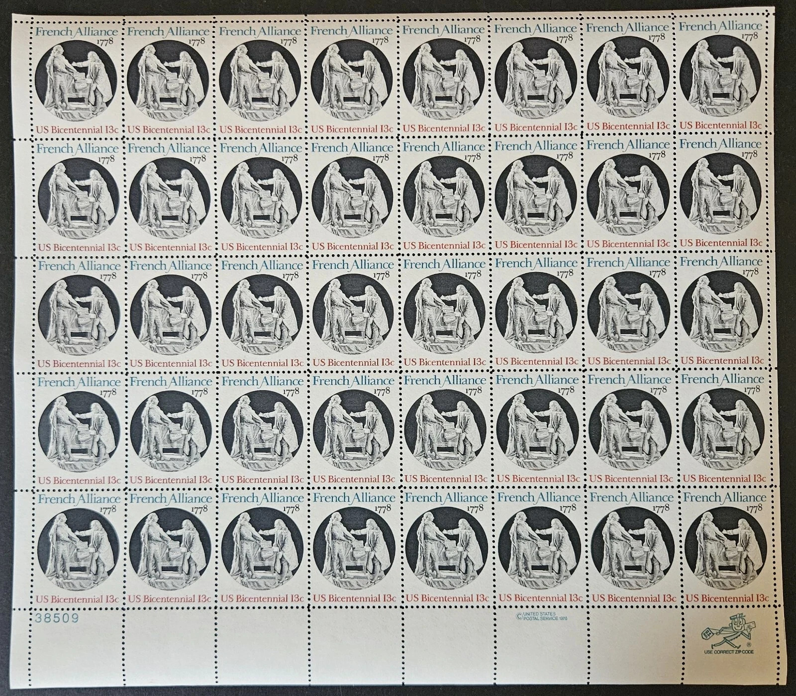 Bk 5 Scott 1753 – 1978 French Alliance Full Sheet of 40 US 13¢ Stamps MHN