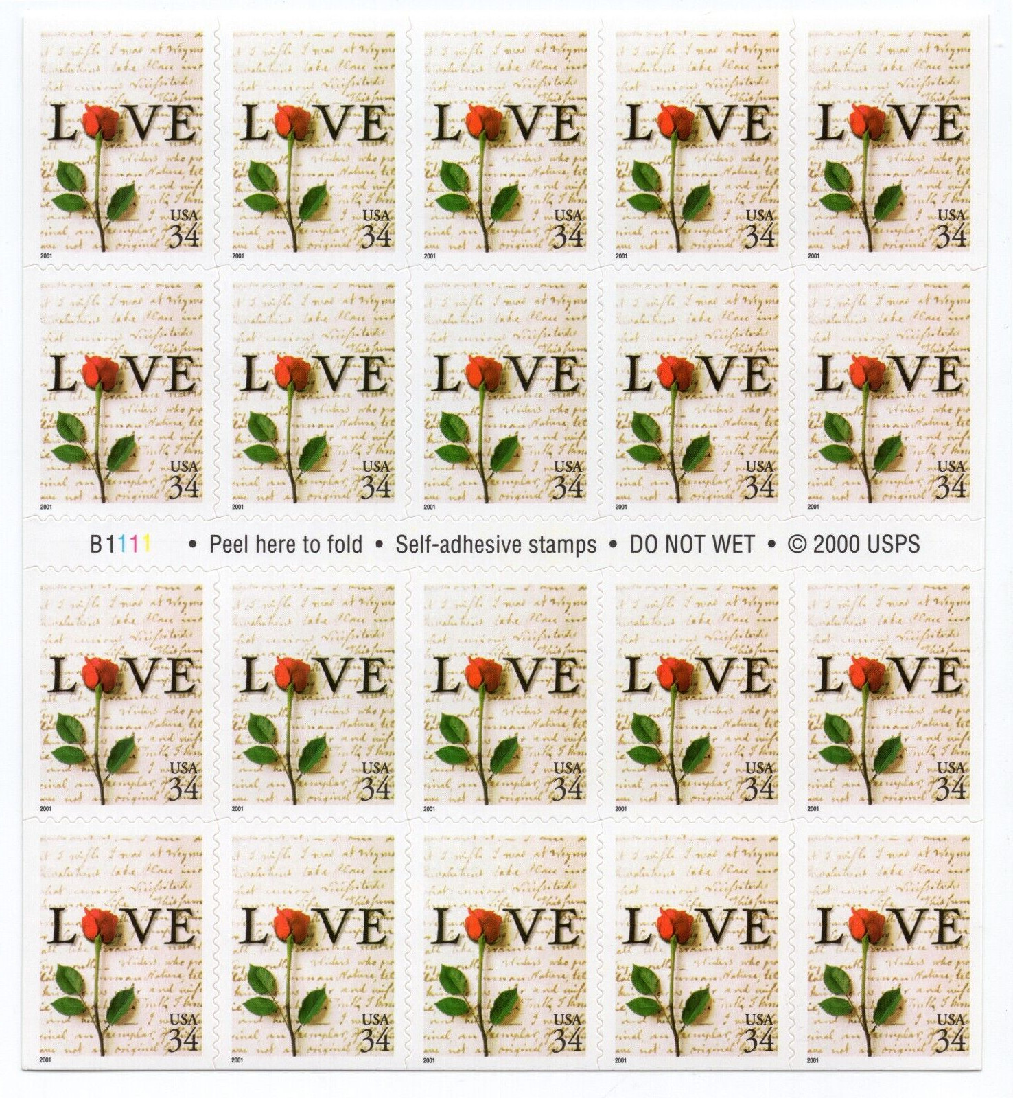 US 2001 SC 3497 34c Love Rose Letter – Sheet of 20 MNH