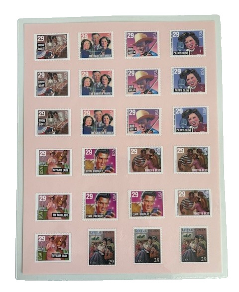 Laminated Sheet of 24 misc. 29 cent US Postage Stamps -Elvis, Carter, Cline, etc