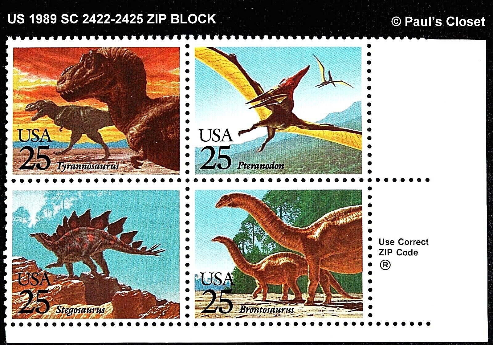 US 1989 SC 2422-2425 PRE-HISTORIC ANIMALS (DINOSAURS) ZIPBLOCK 25¢ MNH/OG VFINE