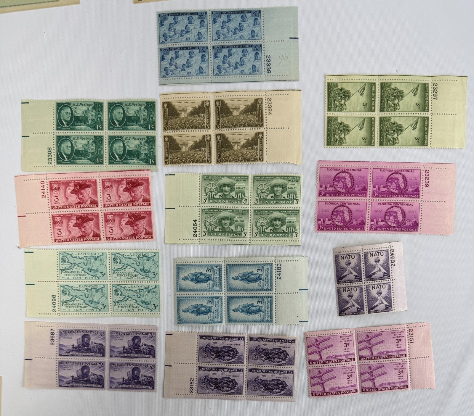 13 Different US Commemorative Plate Blocks of 4 1945–1952 American History
