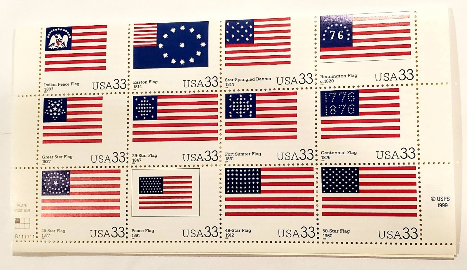 Stars & Stripes Scott#3403 USFLAGS 33c 20 stamps MNH Full Sheet FOLDED IN HALF*