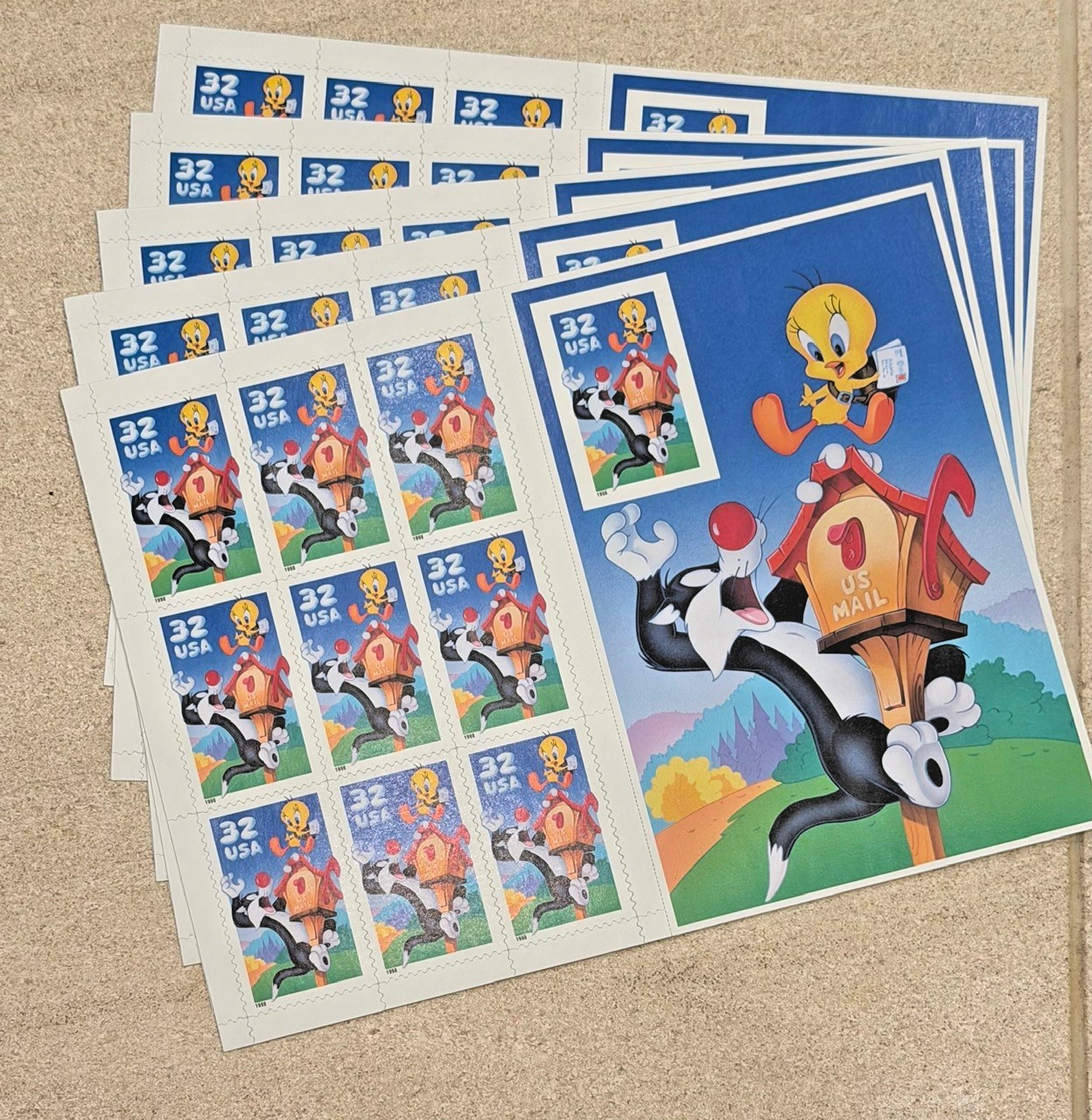 Five Die Cut Sheets of Looney Tunes SYLVESTER & TWEETY 32¢ US Stamps. SC# 3204
