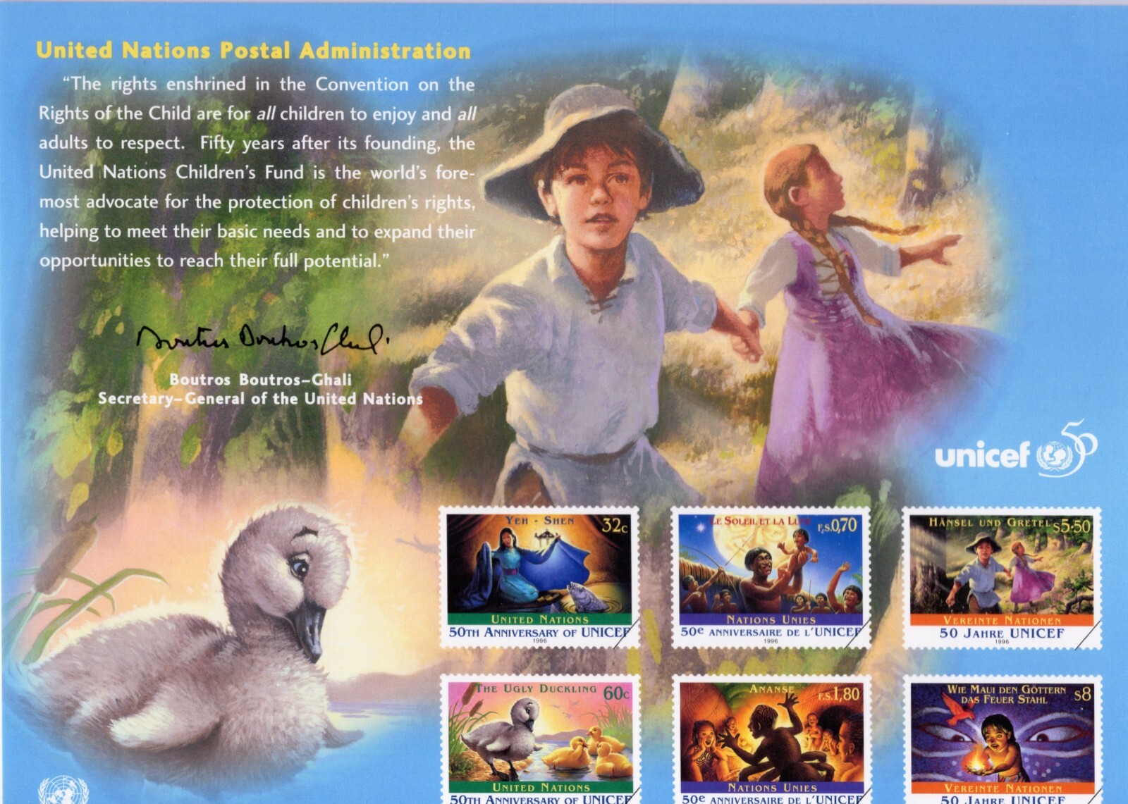 Printed Stamps Postcard 50th Anniversary Of UNICEF United Nations 1996 NEW