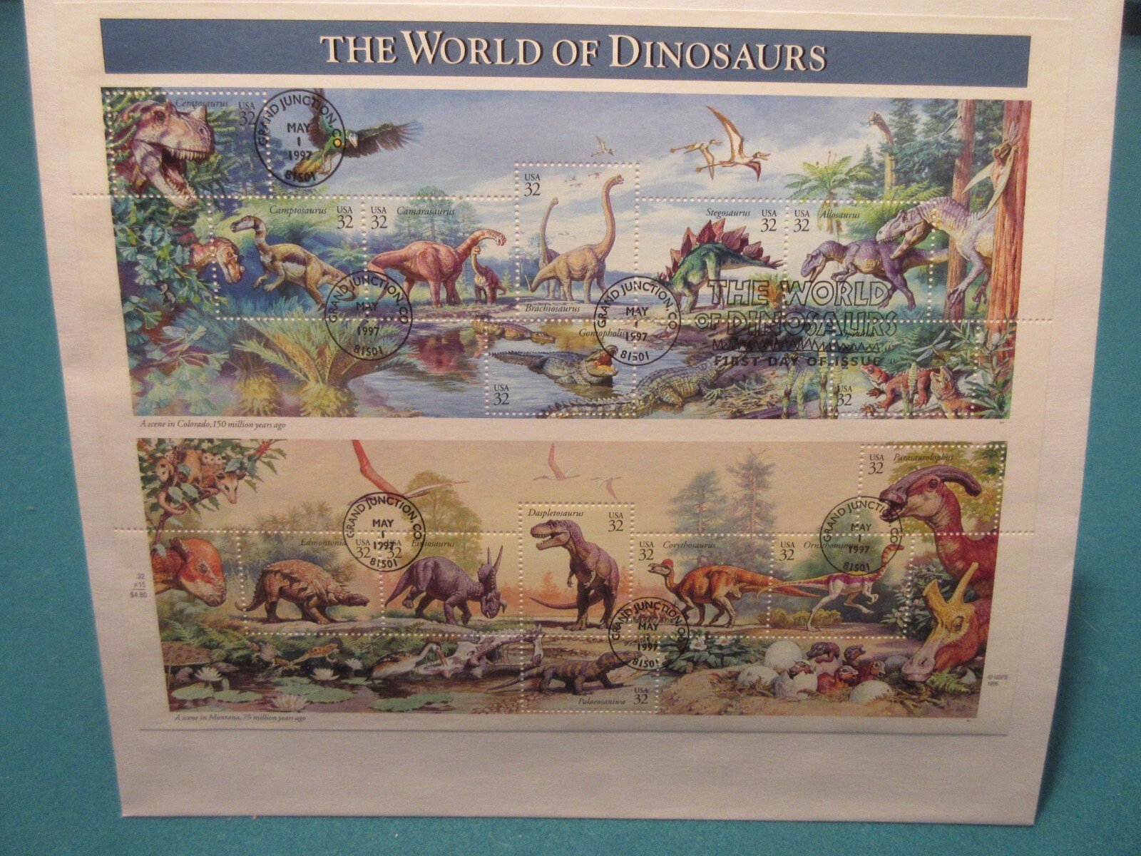 The World of Dinosaurs First Day Issued Stamps. May 1, 1997. Very nice piece.