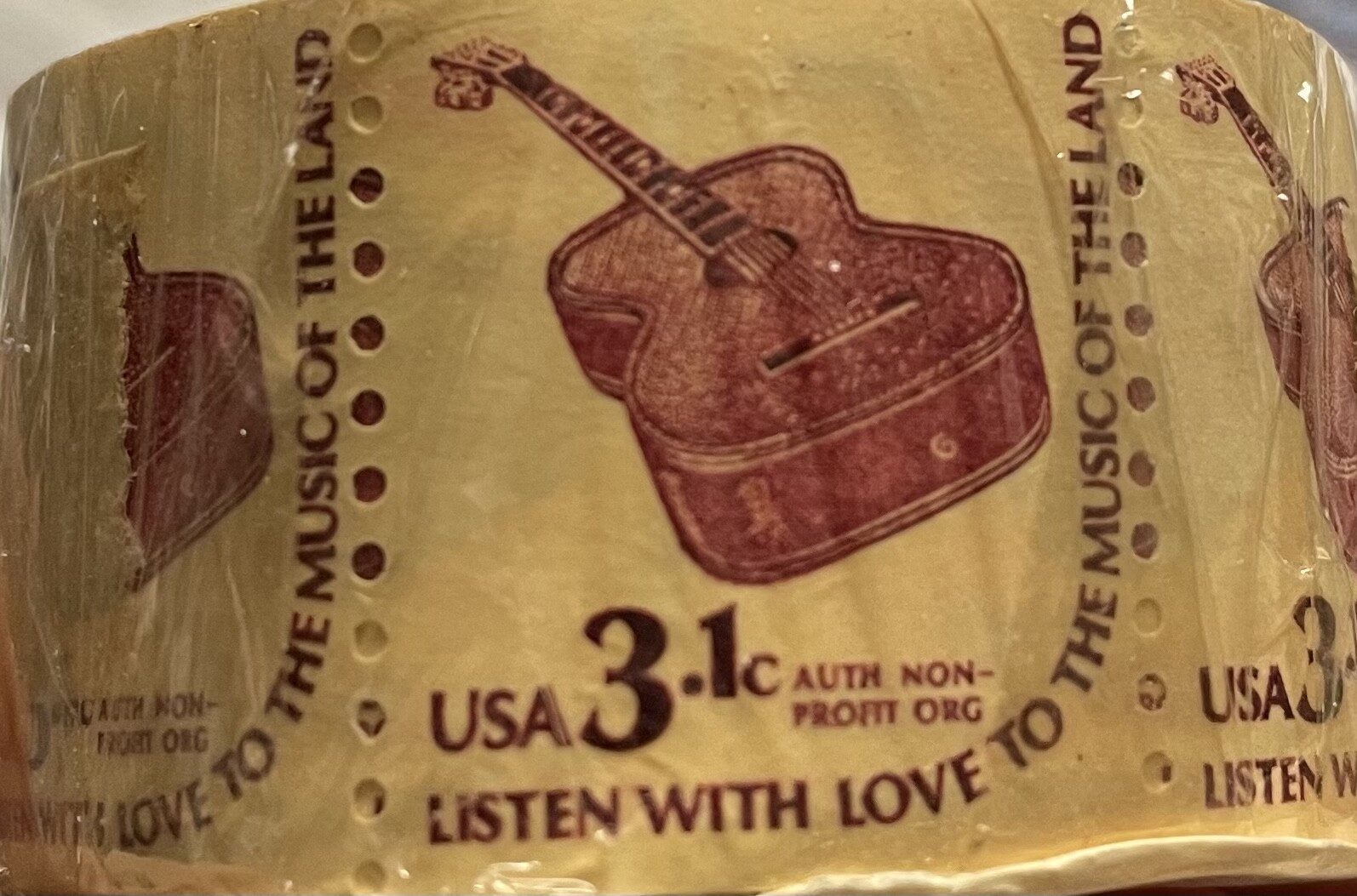RARE 1979 3.1 CENT STAMPS 500 STAMP COIL ROLL ORIGINAL WRAPPING GUITAR
