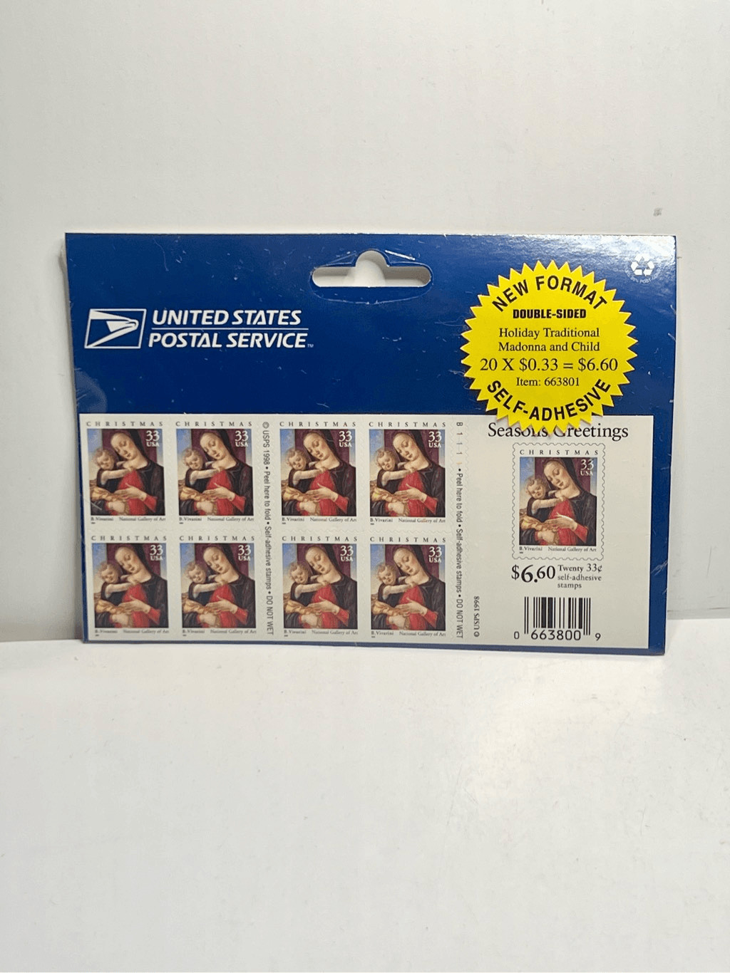 Madonna and Child USPS Stamps Full Sheet 20x .33 cent #663801 Holiday 1998 Xmas