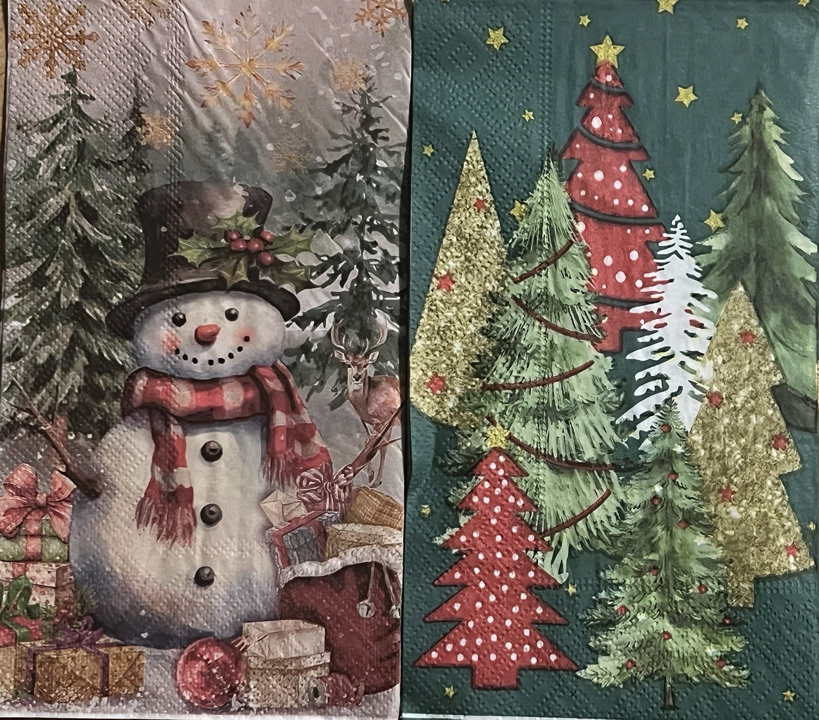 TWO Individual paper dinner Decoupage napkins Santa & Christmas Trees/ Presents