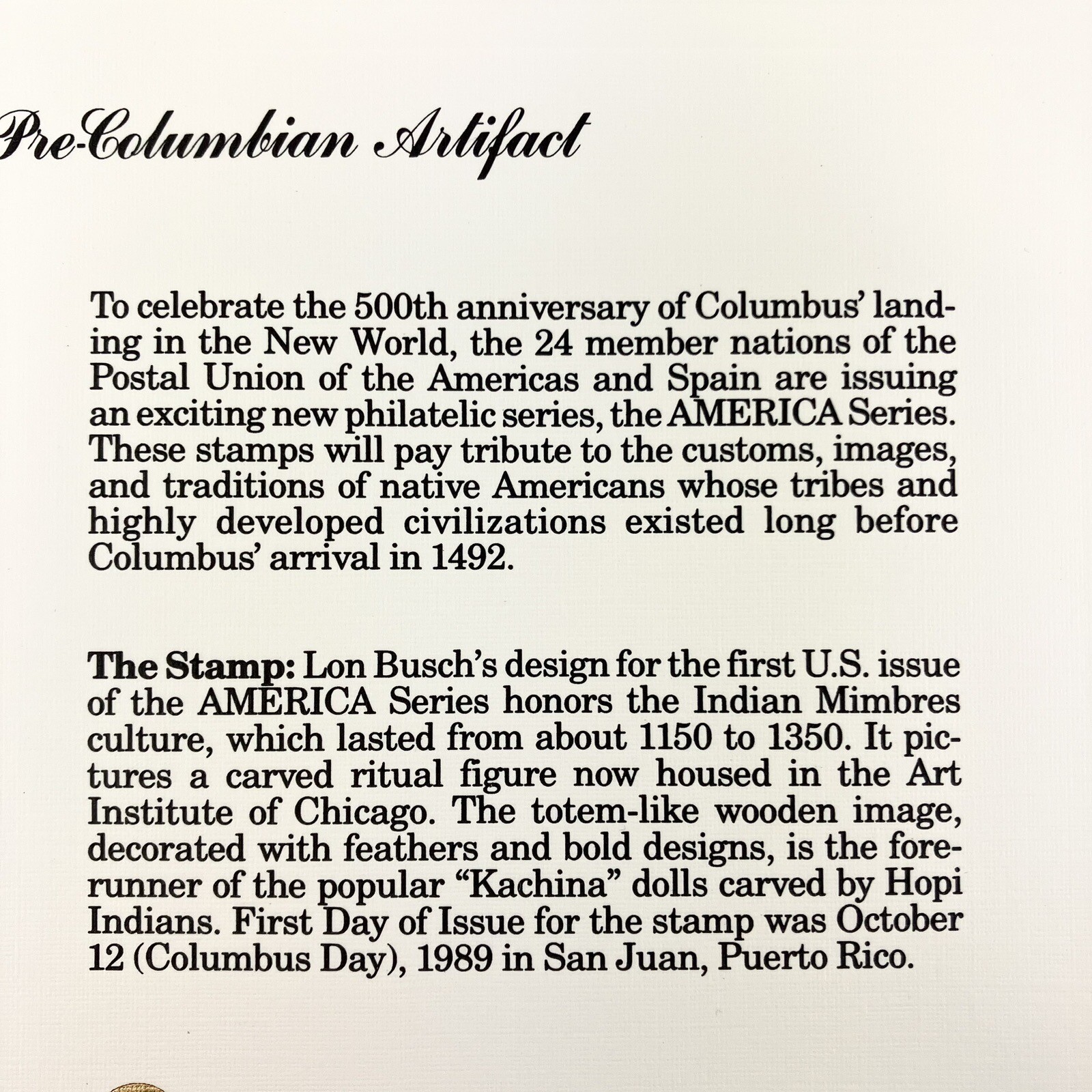 Richard Sparks Pre Columbus Native American Artifact Postage Stamp Art USPS 1989