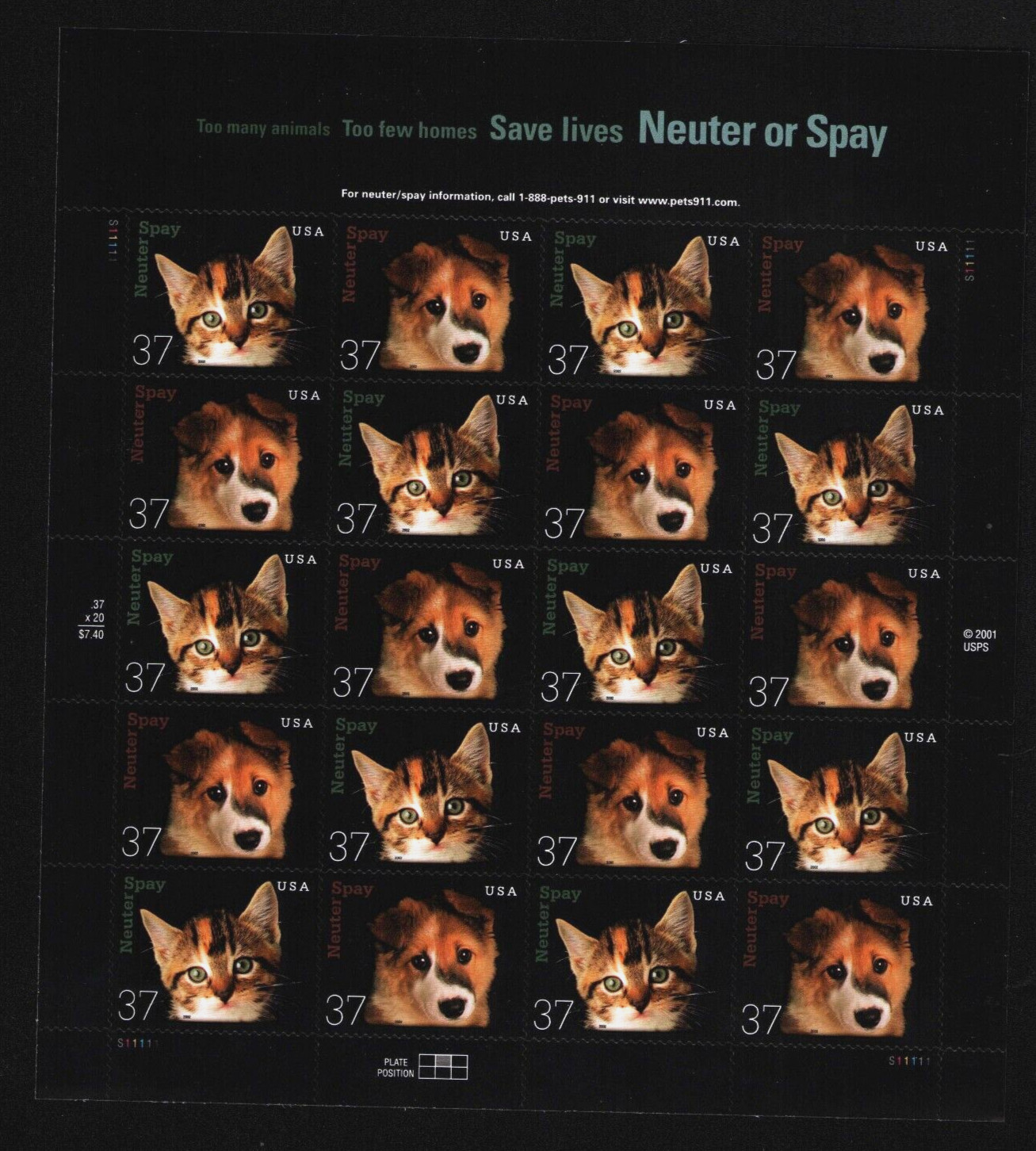 US SCOTT 3670 -71 3671a SHEET OF 20 SAVE LIVES NEUTER OF SPAY STAMPS 37 CENT MNH