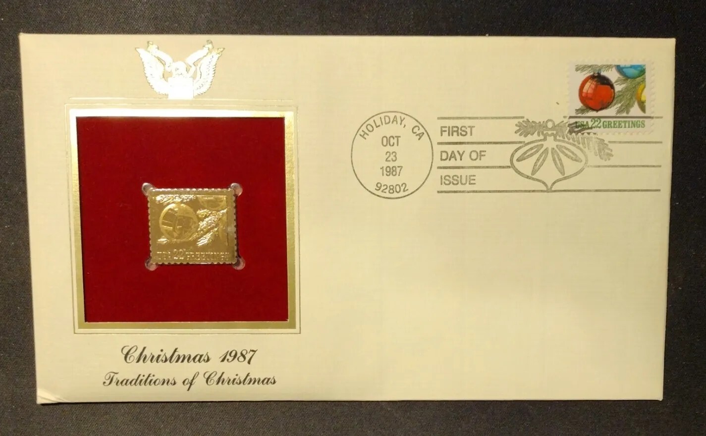 Greetings FIRST DAY ISSUE 22 CENT STAMP GOLD Traditions of Christmas 1987 CA